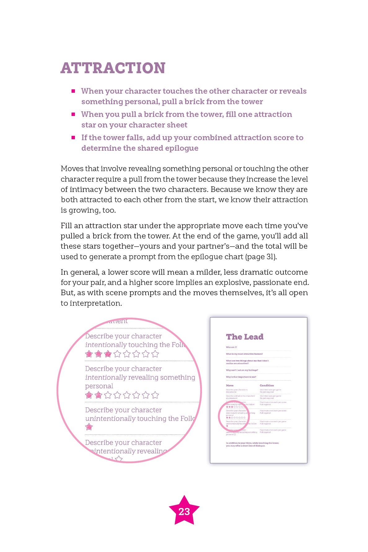 A sample page from the Star Crossed rulebook explaining how Attraction scores work