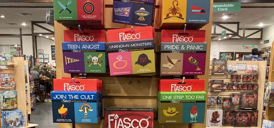 A shelf of Fiasco products at Emerald Tavern in Austin, TX