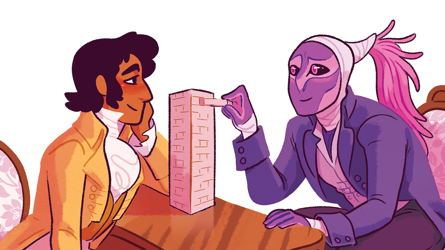 an illustration of an alien and a human man, in regency era suits, playing jenga and gazing longingly at each other
