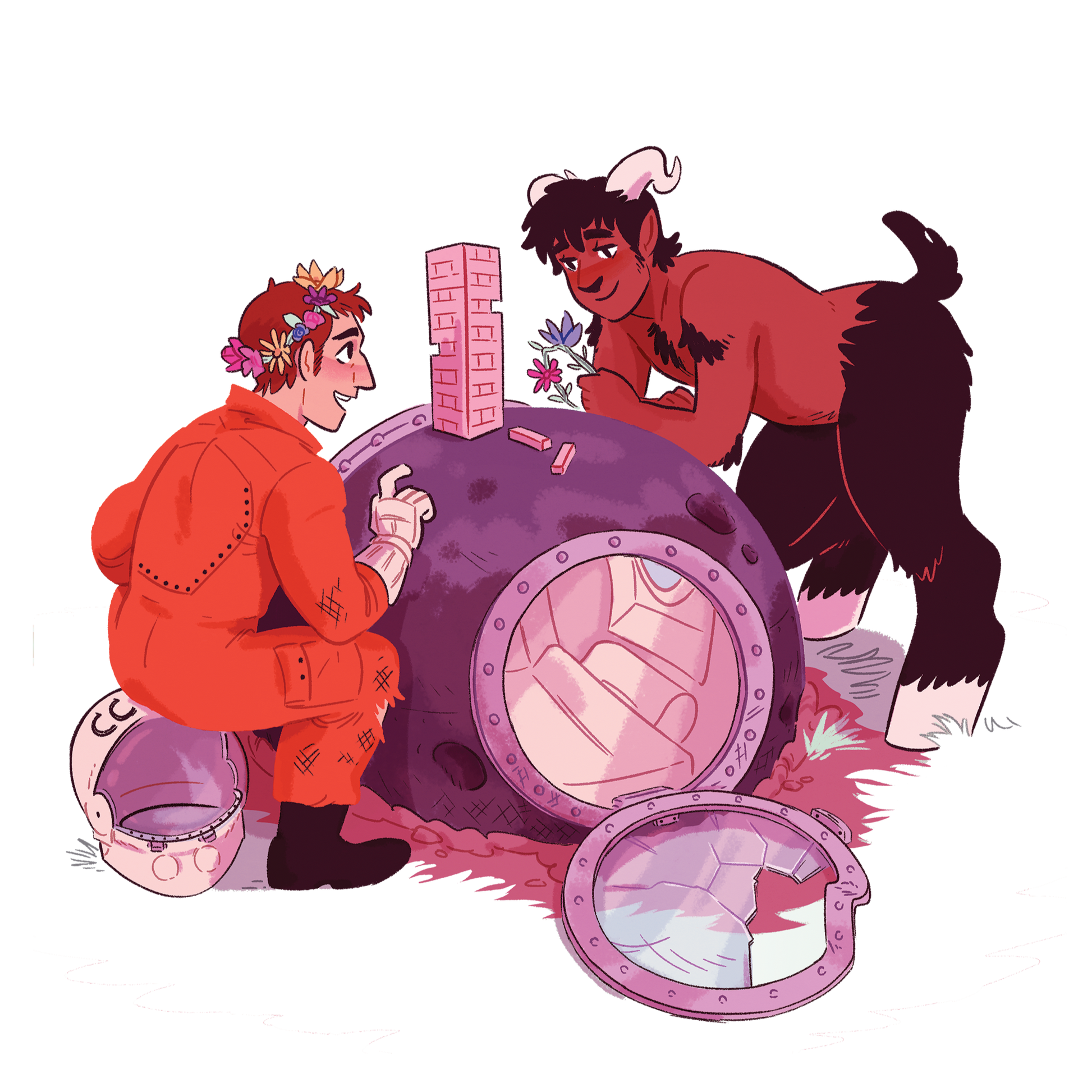 A cosmonaut and a faun play jenga on a crashed spaceship