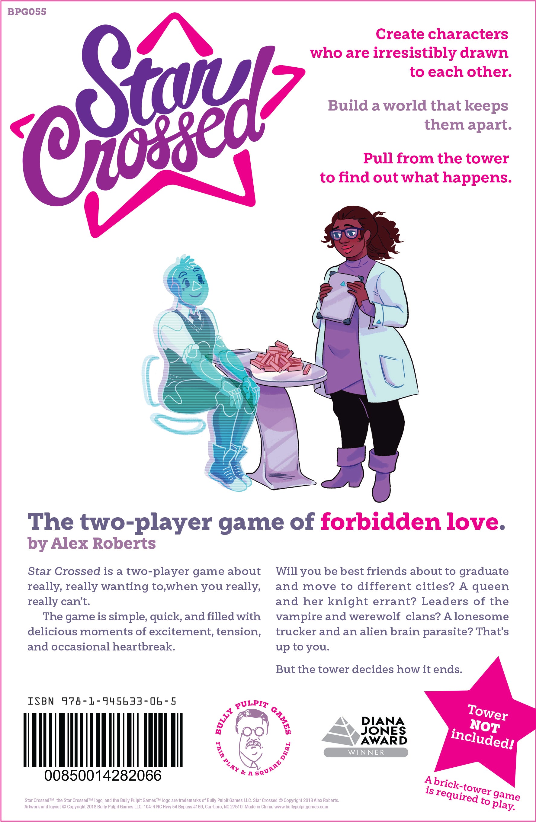 The back of the box for Star Crossed. Text on it reads "Create Characters who are irresistibly drawn to each other. Build a world that keeps them apart. Pull from the tower to find out what happens."